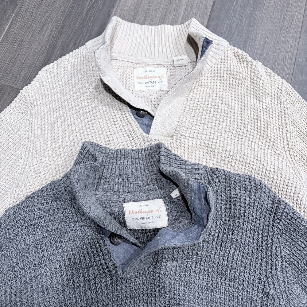 Weatherproof Vintage Men's Beige & Gray Knit Mock Neck Button Sweater M